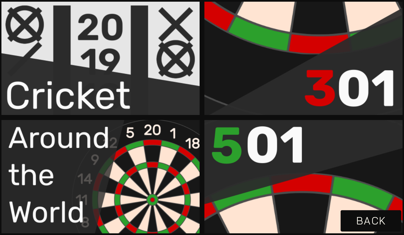 menu in darts module to select game