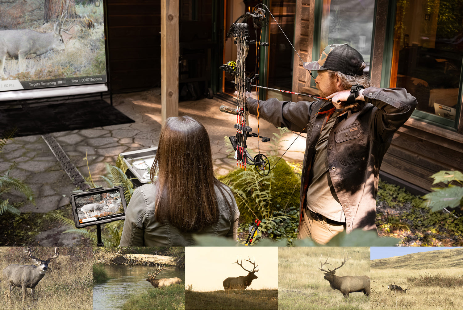 bowhunter at full draw on the simulator. example animal targets below.