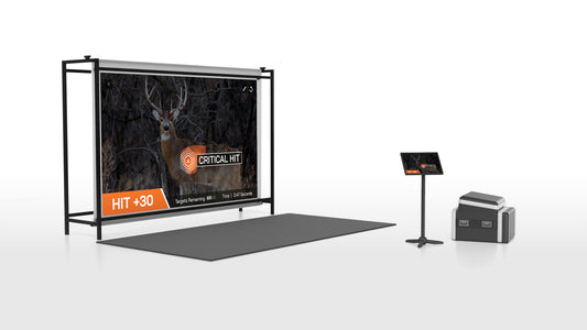 Electronic hunting simulator setup with screen, stand, and console on a white background